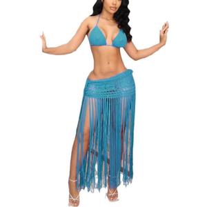 Women Sexy Plus Two Piece Skirt Set Tassel Fishing Net Knittin Hollow Out Off Bikini Shoulder Beach Dresses (Large, Blue)