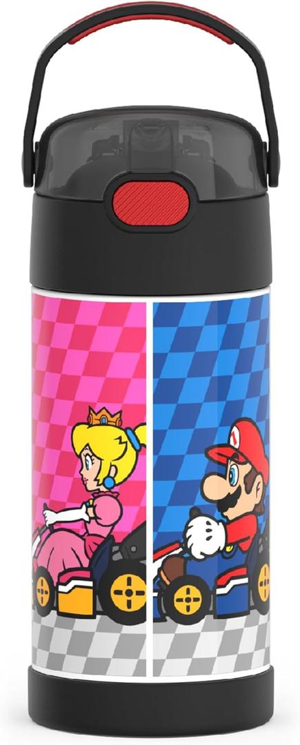 THERMOS FUNTAINER Water Bottle with Straw - 12 Ounce - Kids Stainless Steel Vacuum Insulated Water Bottle with Lid, Super Mario Brothers