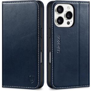 SHIELDON Case for iPhone 16 Pro 6.3", Genuine Leather Wallet Flip Magnetic Cover RFID Blocking Credit Card Holder Kickstand TPU Shockproof Case Compatible with iPhone 16 Pro 5G - Retro Dark Blue