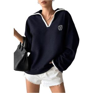 SHENHE Women's Oversized Sweatshirt Collared V Neck Long Sleeve Fall Preppy Pullover Sweatshirt (Blue, S)