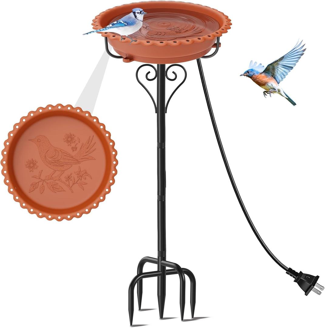 Heated Bird Bath for Outside Winter, Powerful 100W Thermostat Control Water Heated BirdBaths Bowl for Outdoors with 5-Prong Metal Base Heated Bird Bath for Garden Patio Yard Lawn (Brown)