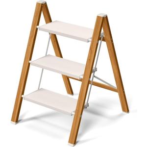 Taranta 3 Step Stool with Anti-Slip Super Wide Pedal-White Woodgrain | Aluminum Step Ladder,Foldable Lightweight Ladder,330lbs Capacity Step Ladder for Household,Kitchen,Office
