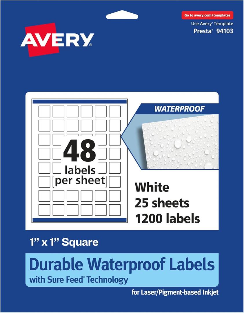 Avery Printable Durable White Square Labels, Sure Feed Technology, 1" x 1", Print-to-The-Edge, Waterproof Labels, Laser & Pigment-Based Inkjet Compatible, 1200 Total