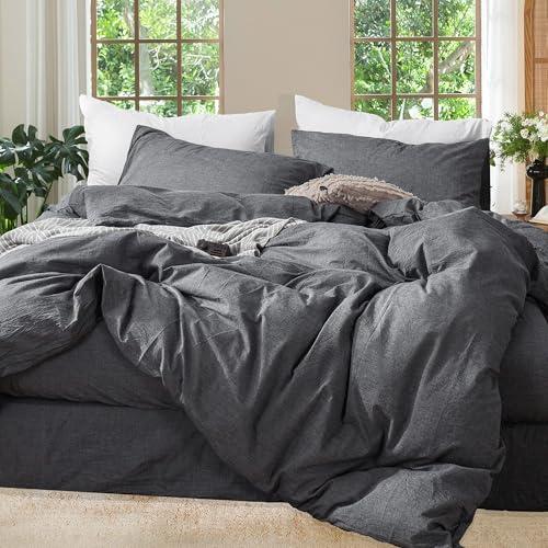 MooMee Bedding Duvet Cover Set 100% Washed Cotton Linen Like Textured Breathable Durable Soft Comfy (Heathered Dark Grey, Queen 90"x90")