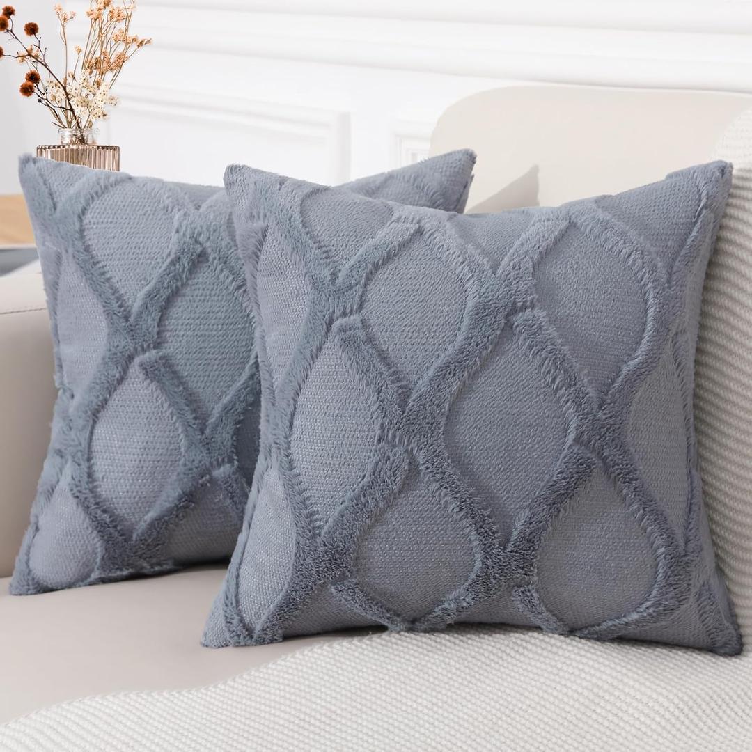 decorUhome Summer Throw Pillow Covers 18x18 Inch Set of 2, Soft Plush Faux Fur Wool Blue Grey Accent Couch Pillow Covers for Modern Farmhouse Bed Sofa Living Room