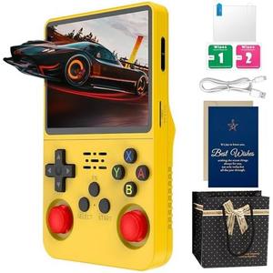 R36s Handheld Game Console Premium Gift Set (with Star Card & Black Gold Bag) 3.5 Inch IPS Retro Gamer with 128GB Storage,21000+ Classic Games Present for Adults (Yellow 128g)