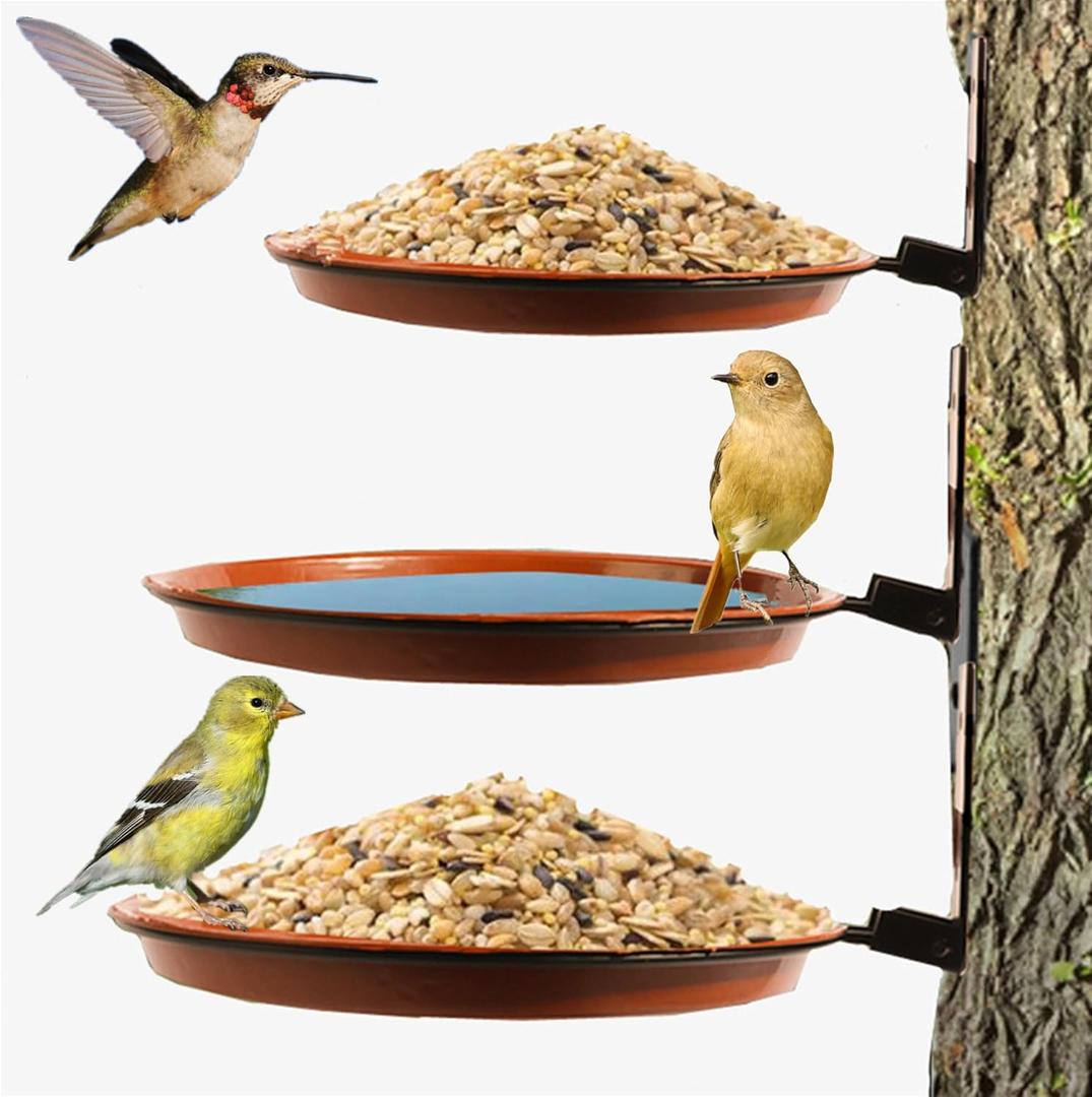 alfyng 3 Bird Feeder Trays Parrots Bath Bowl, Tree Mounted Installed on Wooden Fence Wall Tree Deck Stakes with Heavy Duty Iron Ring, Bird Bath Spa Tray Feeders for Indoor and Outdoor (3 Pack Brown)