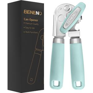 Beneno Heavy Duty Hand Can Opener Manual with Magnet, Durable Sharp Carbon Steel Blade Smooth Cutting, Big Effort-Saving Knob & Soft Grip Handle, Multifunctional Kitchen Tool with Bottle Opener, Mint
