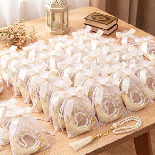 Cunno 24 Sets Muslim Prayer Beads Islamic Eid Gifts with Bows, Bags Tasbeeh Islamic Prayer Beads Bulk Party Favors Muslim Festival Rosary Religious Jewelry Favors for Ramadan Hajj Wedding