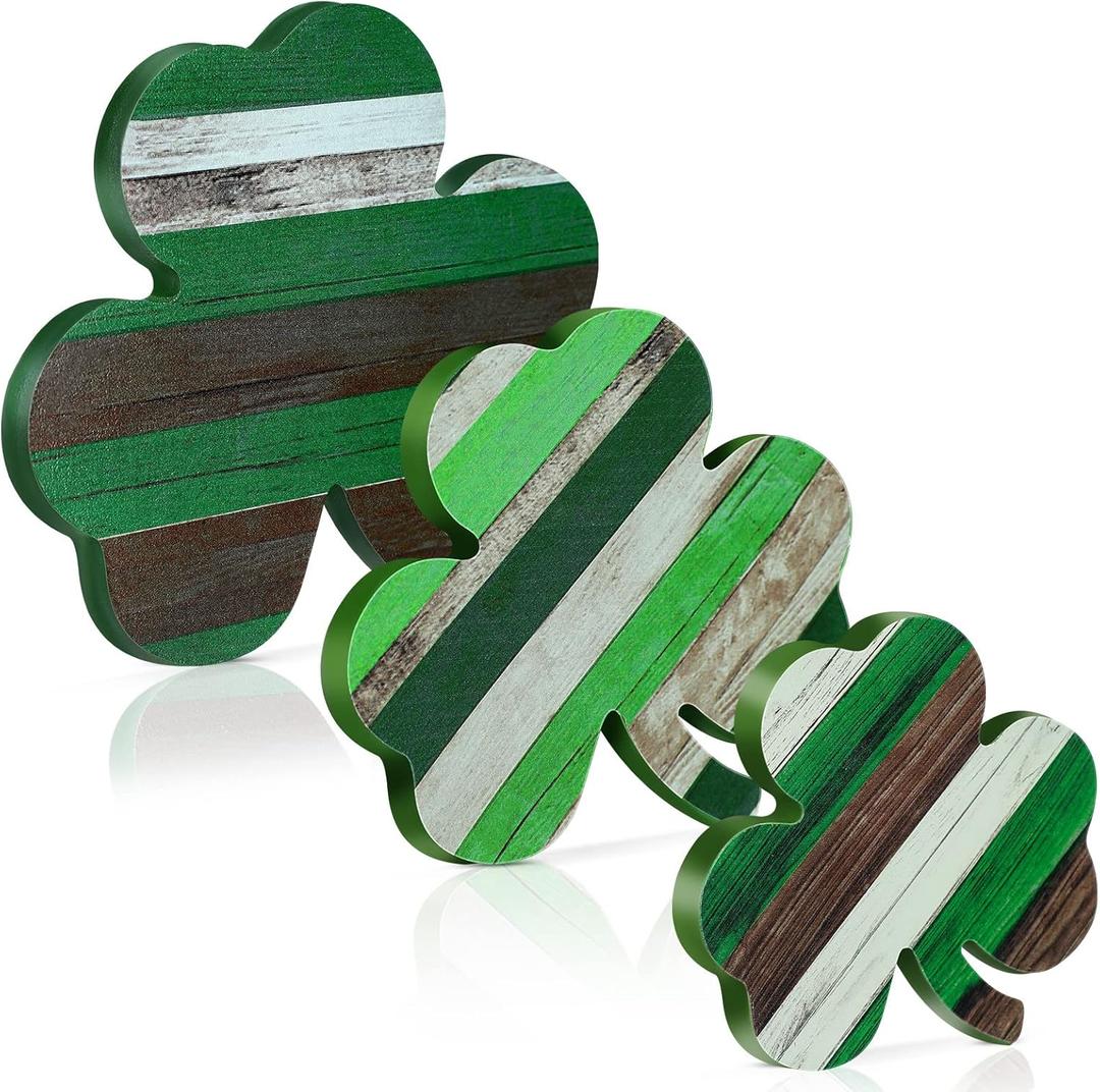 Yookeer St. Patrick's Day Table Wooden Signs 3 Pcs St. Patrick's Table Decor Irish Themed Wood Shamrock Gnome Decor Green Shamrock Blocks Irish Lucky Sign for Home(Cool Style)