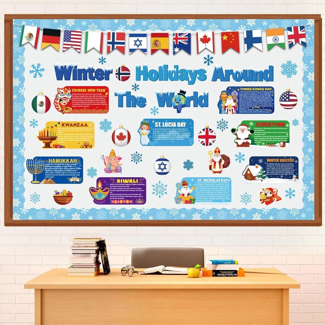Funrous 71 Pcs Winter Bulletin Board Set Holidays Around the World Board with Christmas Chinese New Year Kwanzaa Diwali Hanukkah Winter Solstice Cutouts for Xmas Party School Classroom Home Wall Decor