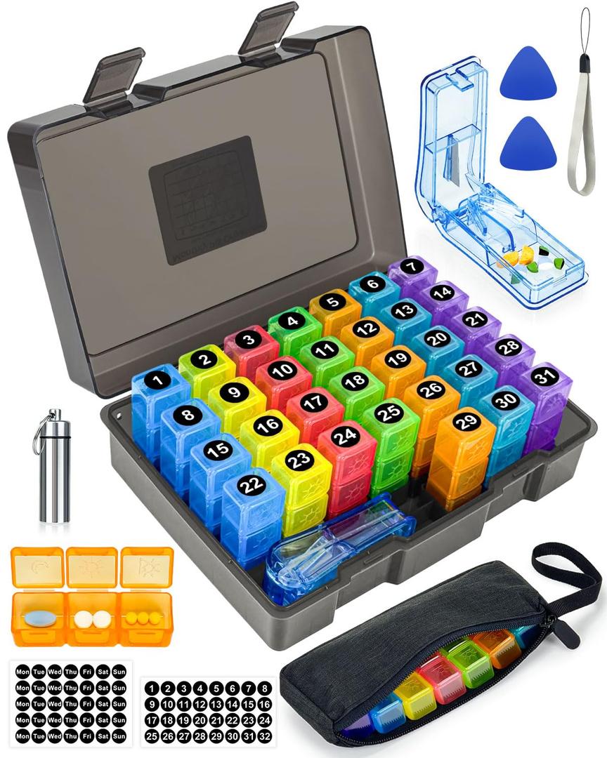 Monthly Pill Organizer 3 Times a Day, FRIWOLE Medicine Box with Portable Weekly Pill Bag, Keychain Pill Case, Pill Cutter and 2 Sticker (Black, 3 Times a Day)