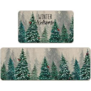 Winter Welcome Decorative Kitchen Rugs Set of 2, Farmhouse Pine Tree Cardinal Kitchen Mat Snowflakes Non-Slip Floor Mat, Christmas Decorations for Home Kitchen - 17x29 and 17x47 Inch (1'5" x 3'11" (Square))