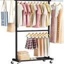 Standard Clothing Garment Rack, Rolling Clothes Organizer with Wheels and Bottom Shelves, Extendable, Black, M24GR001