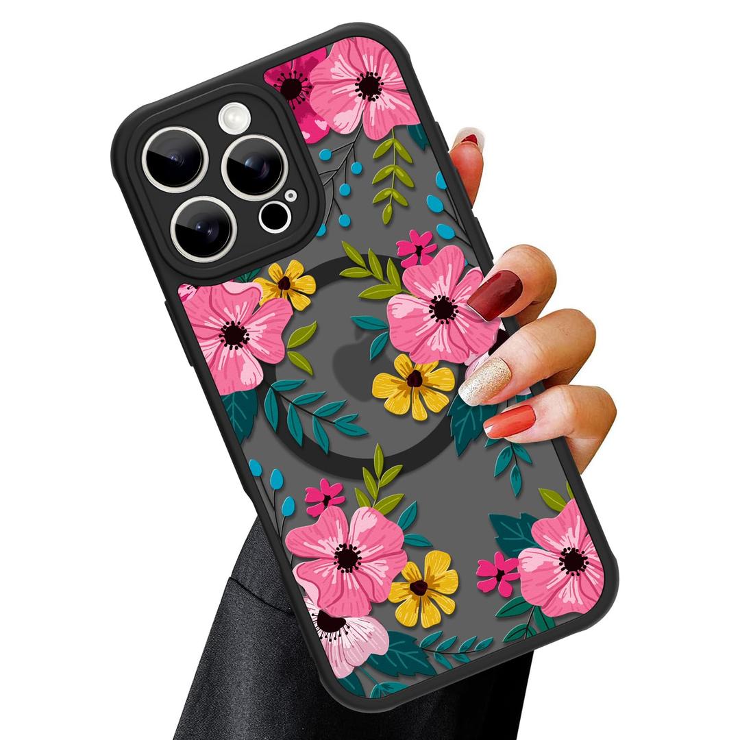 OOK Magnetic for iPhone 16 Pro Max Case Black Flowers Pink Design