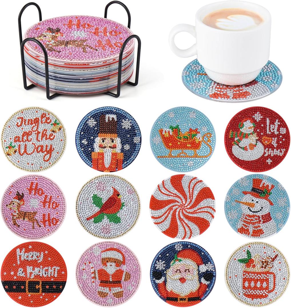 Diamond Art Christmas Coasters 12 Pcs Christmas Diamond Painting Kits,5D DIY Art Painting Coasters Supplies for Beginners Kids,Christmas Crafts for Adults Anti-Slip Diamond Dotz With Holder