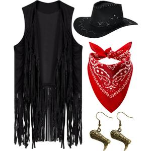 Xtinmee 4 Pcs Western Cowgirl Cowboy Outfits Set Women Tassel Vest Hat Dangle Drop Earring Paisley Bandana Dress up (Medium, Black)