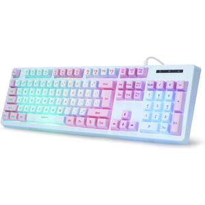 HUO JI Gaming Keyboard USB Wired with Rainbow LED Backlit, Floating Keys, Mechanical Feeling, Spill Resistant, Ergonomic for Xbox, PS Series, Desktop, Computer, PC, Blue Purple