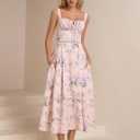 KUTUMAI Floral Corset Midi Dress Lace Up Cutout Flowy Summer Wedding Guest Dresses for Women Sundress with Pockets (Pink, L)