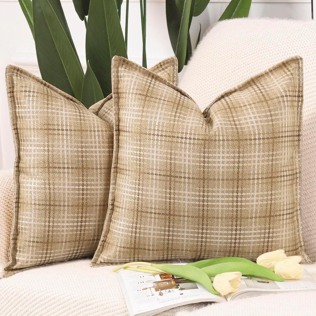 MADIZZ Woven Flange Outdoor Throw Pillow Covers Patterned Polyester Linen Decorative Pillow for Patio Sofa Bedroom Modern Pillow Shell 16x16 Inch Beige