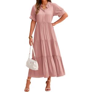 dowerme Women's Summer Dresses 2026 Casual Short Sleeve Button Loose Fit Pleated Boho Flowy Swing Long Beach Sun Dress (Medium, Nude Pink)