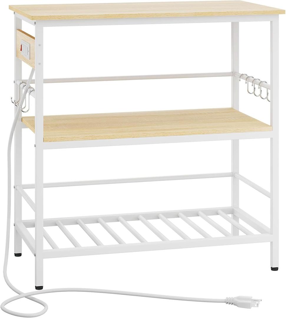 IBUYKE Kitchen Island with Storage, Bakers Rack with Power Outlet,Microwave Stand with Large Worktop,Rolling Bar Cart for Home, Outdoor, Kitchen,Light Wood TMJ029R