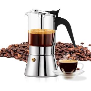 YOLIFE Premium Crystal Glass Top & Stainless Steel Induction Moka Pot, 9 Cup 360ml/ 12.7oz Stovetop Espresso Maker with Pressure Valve, Classic Italian Coffee Maker