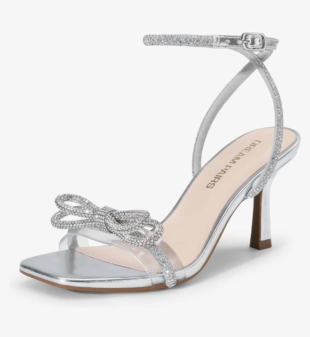 DREAM PAIRS Women's Double Bowknots Heels Open Square Toe Ankle Strap Crystal Rhinestone Dress Sandals for Party Wedding Size 7