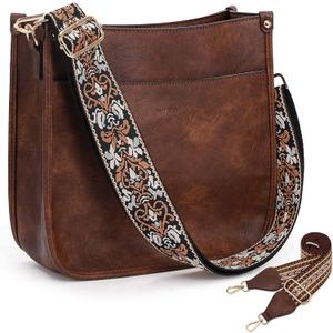 HKCLUF Crossbody Bags for Women Trendy Vegan Leather Hobo Handbags With 2PCS Adjustable Guitar Strap Shoulder Bucket Bags (A23-browncoffee)