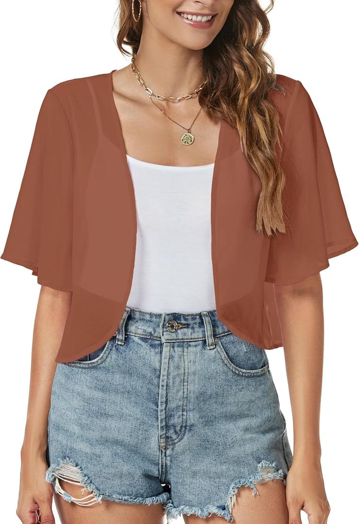 Women Shrug Chiffon Cardigan Open Front Short Sleeve Sheer Bolero for Dress | Lightweight Cropped,Loose Fit,Mesh Cover Up,Shawl Evening Dresses,Summer Outfits (Brown, M)