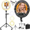 22" Large Ring Light with Stand, Upgraded Foldable LED Big Ringlight with 75" Tripod & Mini Tripod Wheel Tray for Live Tattoo Makeup Video Recording Barber Photography