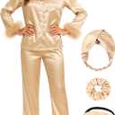 MEEYI Silk Pajamas for Women with Feather Trim Long Sleeve Satin Pajama Set 2 Piece Button Down Pjs Print Sleepwear (Medium, Champagne)
