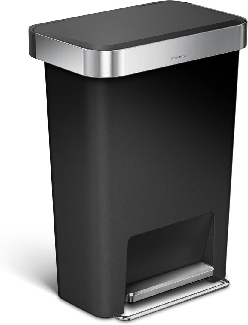 simplehuman 45 Liter / 12 Gallon Rectangular Kitchen Step Trash Can with Soft-Close Lid, Black Plastic