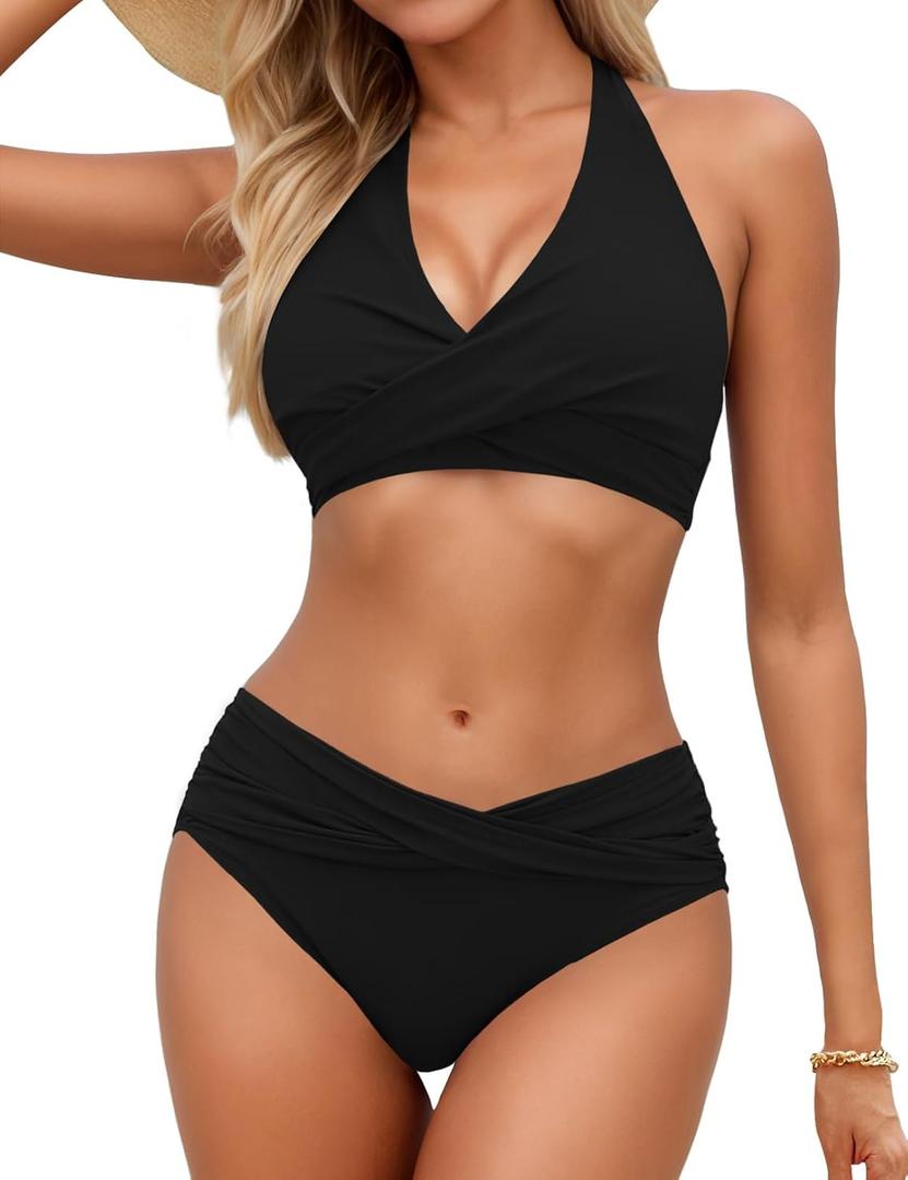 Sopliagon Women's Bikini Sets Twist Front Two Piece Swimsuit Halter Bathing Suit (Medium, Black)