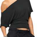 SweatyRocks Women's Off The Shoulder Crop Top Ruched Asymmetrical Dolman Short Sleeve Trendy Y2K T Shirt (Large, Black)