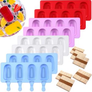 Outus 8 Pieces Silicone Ice Cream Molds with 400 Wooden Sticks Ice Lolly Mold 4 Cavities Oval Cake Pop Maker Reusable Easy Release Cakesicle Baking Mold for Frozen Dessert Snacks DIY Homemade Treats