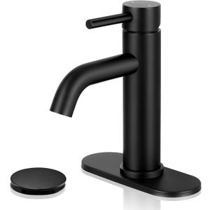 Matte Black Bathroom Faucets, Modern Bathroom Sink Faucet Single Handle Bathroom Faucet for 1 or 3 Hole, Mixer Tap Vanity Faucet with Deck Plate, Pop-up Drain, A-Black