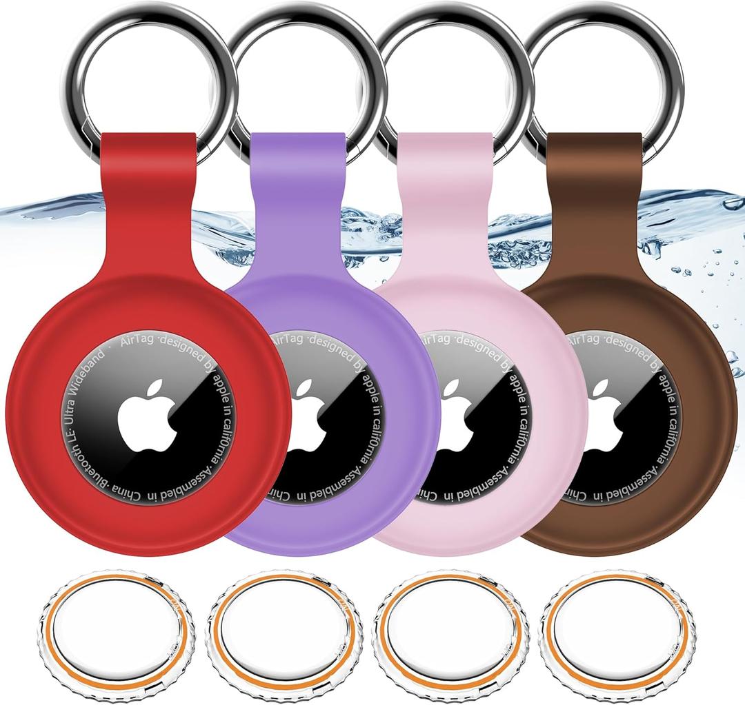 4Pack for Airtag Holder IPX8 Waterproof for Apple Air Tags with Keychain,Shockproof GPS Cover [Anti-Scratch] [PC+Silicone] for Air-Tag Item Finders Case for Pets,Kids,Luggages-Black/Blue/Green/Red (A13-Red+Pink+Purple+Brown)