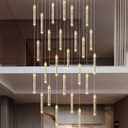 Rectangular Chandeliers 26-Lights Long Light for Entryway LED Dimmable Chandeliers Lighting Fixture Flat Sloped High Ceiling Pendant Lights Crystal for Living Room Foyer Hallway Staircase Gold