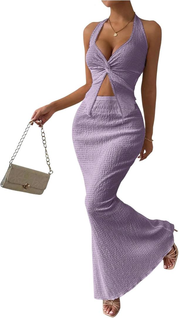 SOLY HUX Women's Two Piece Outfits Twist Front Halter Cami Tops and Skirt Summer Set (Purple, XL)