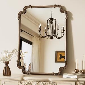 TETOTE Antique Gold Brass Rectangle Mirror for Mantle Fireplace 24 x 32 Baroque Vintage Ornate Scroll Wall Mirror with Metal Frame for Traditional Victorian French Decor, Horizontal/Vertical