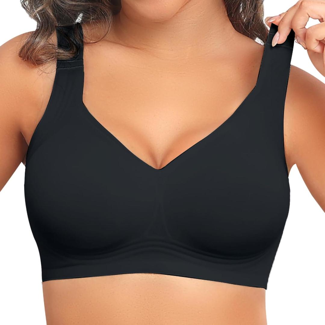 PoseFree Womens Seamless Wireless Supportive Bra Push Up Comfort Soft No Underwire Full Coverage T-Shirt Bra (3X-Large, Black)