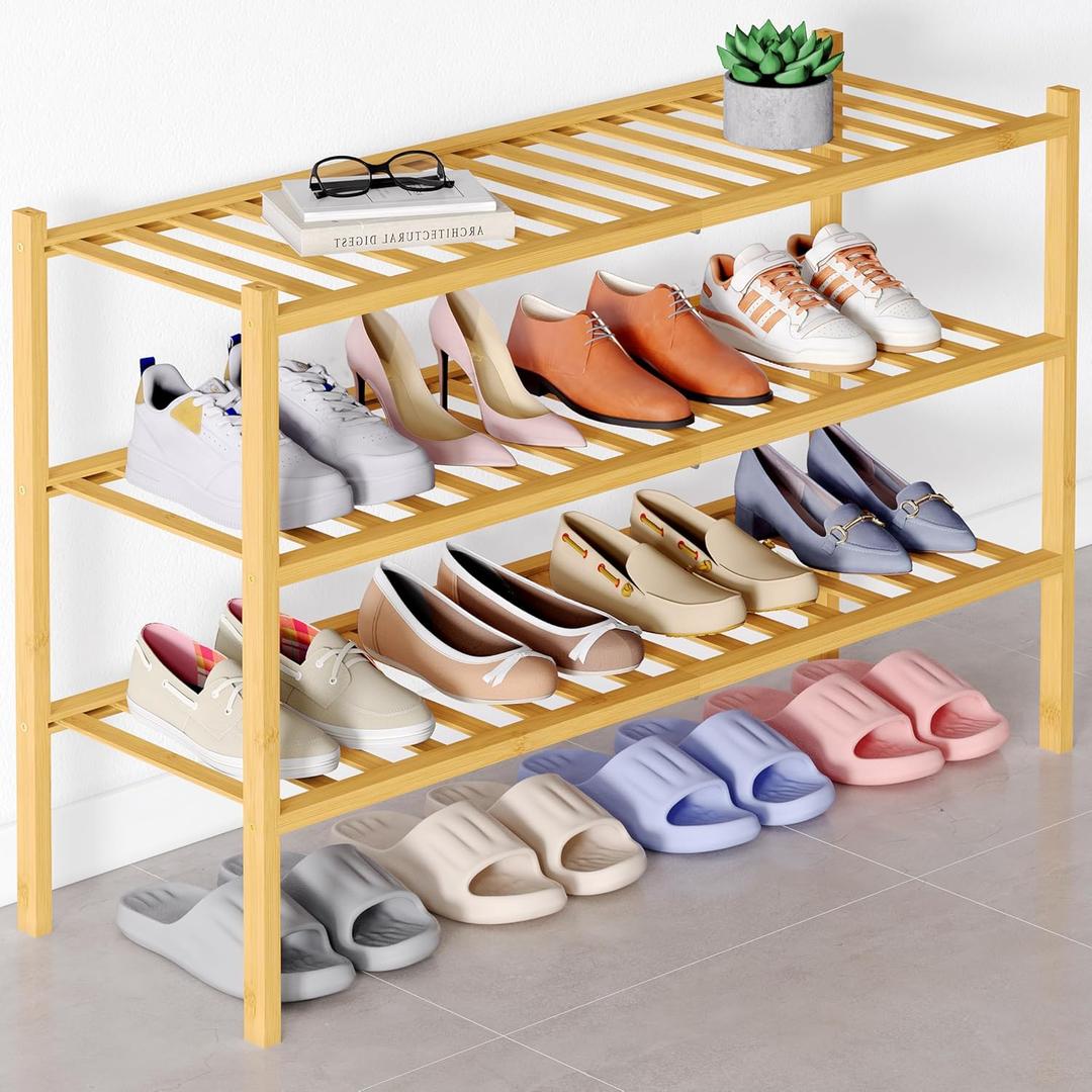 Smiry Bamboo Shoe Rack for Closet, 3 Tier Long Wooden Stackable Shoe Organizer, Free Standing Shoes Storage Shelf for Entryway, Front Door Entrance, Natural