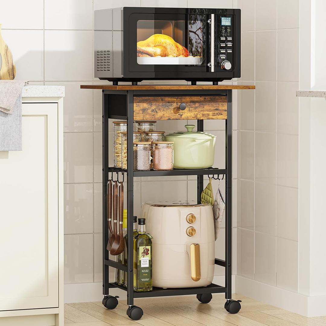Microwave Cart, 4-Tier Microwave Stand with Adjustable Shelf, Kitchen Storage Cart on Wheels, Coffee Bar Cart Shelf for Living Room, Kitchen Island, Office, Balcony, Rustic Brown
