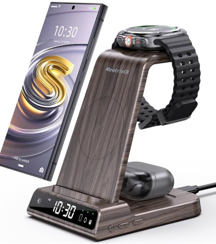 Wireless Charger Samsung Charging Station: 3 in 1 Android Charging Stand with Dimmable Clock  Nightstand Organizer for Galaxy S25 S24 Ultra, Galaxy Watch 8 7 6 5 4, Galaxy Buds, SpaceSaving Charger