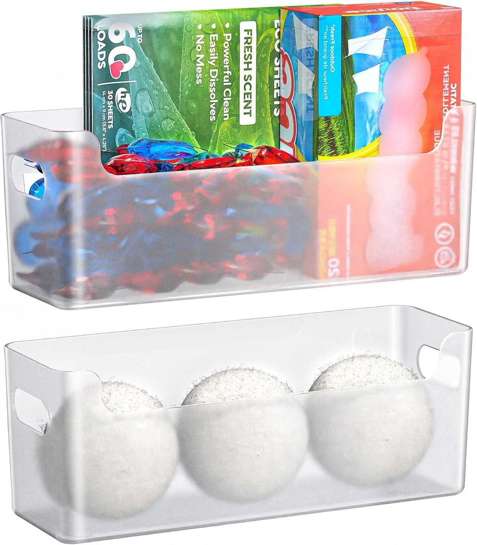 Laundry Room Organization 2 Pcs, Adhesive Laundry Pods Container, Laundry/Dryer Sheet Holder, Dryer Ball Holder, Lost Socks Basket for Laundry Room Cabinet, Washer/Dryer (Transparent)