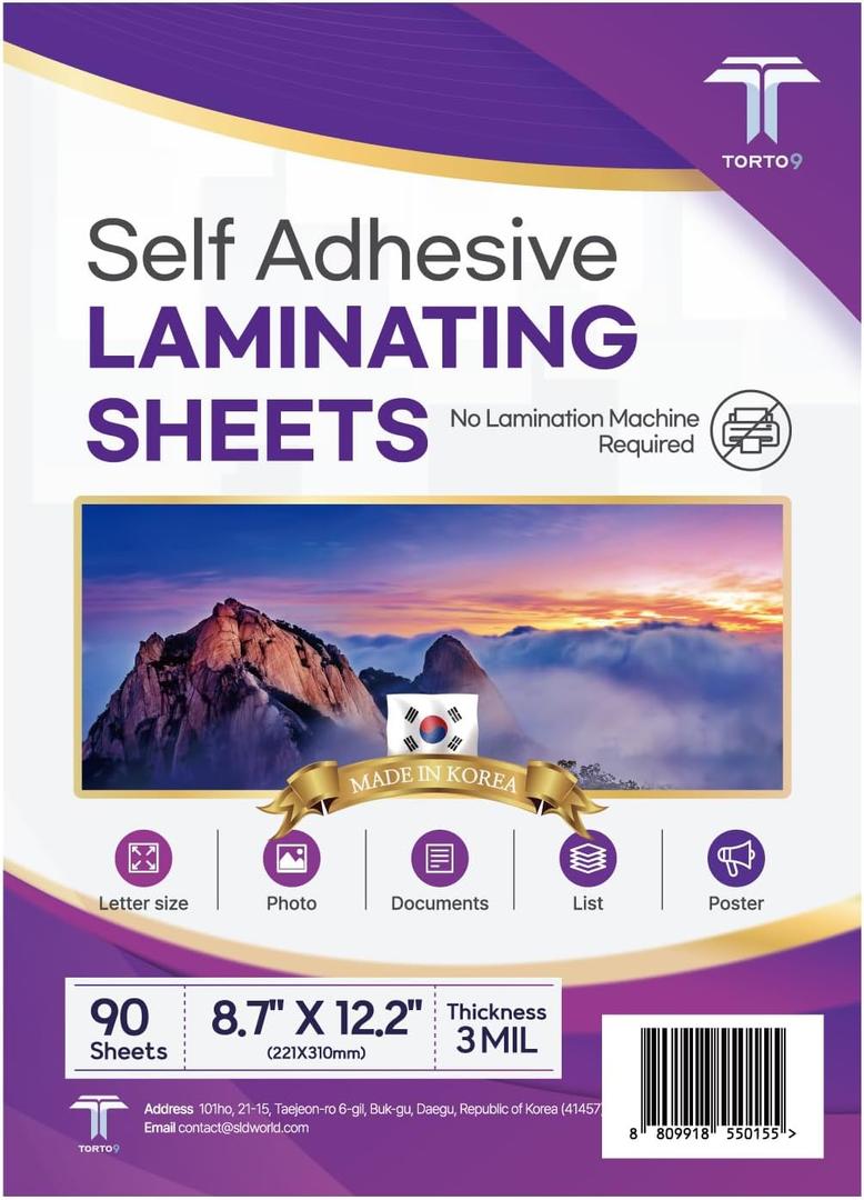 T TORTO9 Peel & Stick Self Adhesive Laminating 90 Sheets, 3mil Thickness, No Heat Required, Machine-Free, Clear Contact Paper for Documents and Crafts (Letter Size)