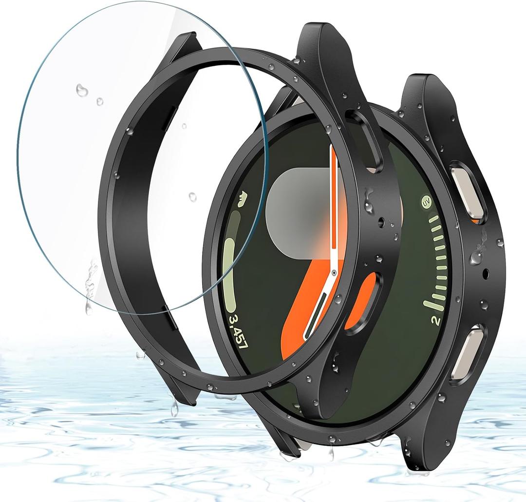 Misxi [2+2 Pack] Case Hard PC Bumper + Tempered Glass Screen Protector [with Auto Alignment Tool Kit] for Samsung Galaxy Watch 7 44mm, Lightweight Anti-Scratch Cover for Galaxy Watch7, Black