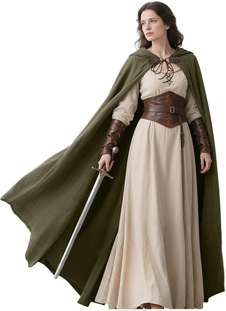 L'VOW Medieval Hooded Cloak Linen Renaissance Cape with Hood - Halloween Hobbit Cosplay Witch Wizard LARP (Green)