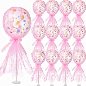 12 Set Tutu Tulle Balloons Table Centerpieces 12 Inch Polka Dot Balloons Baby Shower Centerpiece Column Base Kit for Girls Boys Birthday Wedding Table Decor Gender Reveal Party Favors (Pink)